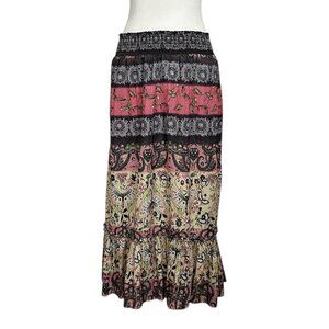 Baccini Boho Gypsy Tiered Floral Butterfly Garden Print Maxi Skirt (PM)